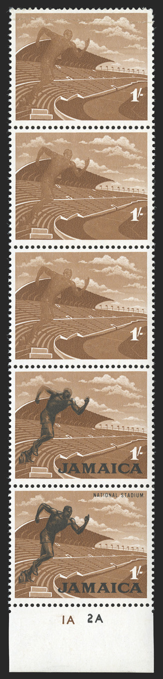 S.G. 226b, 1964 1- Black and light brown, black omitted, bottom sheet-margin vertical strip of five with 1A and 2A color control markers, the top three stamps the errors,
o.g., n.h., top error stamp with a horizontal crease at top, otherwise