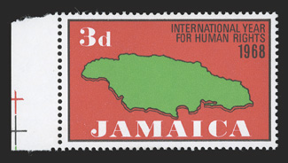 S.G. 272a, 274a, 1968 3d and 3- Human Right Year, gold omitted, former a left sheet-margin single, latter the top stamp in a top right corner margin vertical pair, o.g., n.h.,
3- with a small gum disturbance from mount, very fine (Scott 271a,