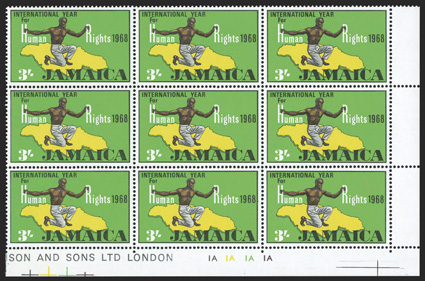 S.G. 274a, 1968 3- Human Rights Year, gold omitted, an amazing bottom right corner margin block of nine, eight stamps the errors, the bottom right stamp showing only portions
of the gold flame, o.g., n.h., very fine (Scott 273a $1,040.00).