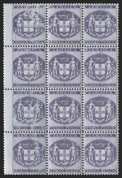 S.G. F5, 1857 3d Purple on blue, a most remarkable left wing-margin mint block of twelve (3x4), being incredibly fresh and well centered, strong and intact, pristine o.g.,
three stamps very lightly hinged, the rest n.h., some rubbing mainly affe