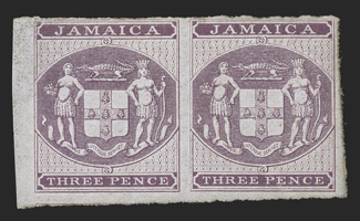 S.G. F5ba, 1855 3d Purple on lilac, imperforate, partial left sheet-margin mint horizontal pair, huge margins to clear at top, traces of gum, fine and rare listed in Stanley
Gibbons, but not priced.