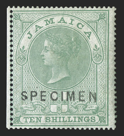 S.G. 7s-9s, 1858 1-, 5- and 10- Victoria, handstamped SPECIMEN cplt., good colors on fresh paper, o.g., l.h., fine and scarce.