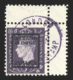 Michel IV 9d-14d, 1944 ½d-3d George VI German propaganda forgeries overprinted Liquidation of EmpireJamaica in red or black, the set of six, including three with corner
margins, all but the 1d and 2d with violet LondonSpecial Stamp cancell