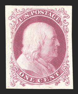 40TC5, 1c Red violet, trial color plate proof on wove, choice example of this scarce trial color proof, four large and wonderfully well balanced margins, bright fresh color,
extremely fine.