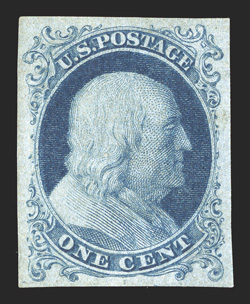 40a, 1c Bright blue, imperforate, without gum as issued, uniformly large margins all around, deep rich color, extremely fine and quite scarce 1985 PF certificate
ex-Cowitt.