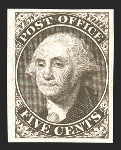 9X1TC, 5c New York, N.Y. Postmaster Provisional, Brown trial color plate proof on bond, large to very large margins all around, rich color on crisp clean paper, extremely
fine.
