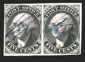 9X1, New York, N.Y., 5c Black Postmaster Provisional, signed ACM connected, used horizontal pair, large margins all around, strong detailed impression, usual blue pen stroke
cancels, choice very fine any multiple of this stamp is scarce 1985 a
