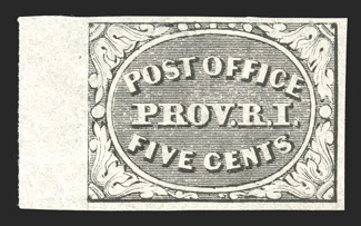 10X1-2, Providence, R.I., 5c and 10c Gray black Postmaster Provisionals, unused singles of each, the 5c with a sheet-margin at left, both with large margins all around, strong
color and clear impressions on fresh white paper, extremely fine 5c