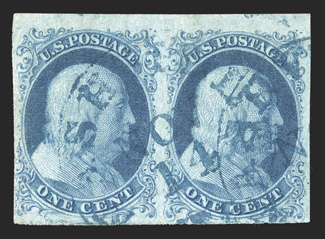 5, 5A, 1c Blue, Ty. I and Ty. Ib, horizontal combination pair, positions 6-7R1E, containing the celebrated Ty. I, position 7R1E as the right stamp in the pair, with the left
stamp being Ty. Ib, position 6R1E, the best position displaying the Ty. I