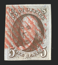 1a var., 5c Grayish brown, dot in S variety, attractive used example, with large to mostly huge margins all around, rich color and a detailed earlier printing impression on
crisp clean paper, red square grid cancel, extremely fine signed and