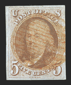1, 5c Red brown, four full to mostly large margins, cancelled by an orange red grid (nearly a true orange color), horizontal crease and trivial corner crease, very fine
appearance 2010 PF certificate.