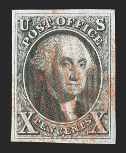 2, 10c Black, select used single, large margins all around, deep rich color and a razor-sharp impression on crisp clean paper, unobtrusive red square grid cancel, extremely
fine 1994 PF certificate.