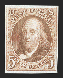 3, 5c Red brown reproduction, without gum as issued, generous even margins all around, sumptuously rich color on immaculate paper, choice very fine 1993 PF
certificate.