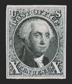 4, 10c Black reproduction, without gum as issued, full to large margins all around, bright fresh color, very fine 1984 PF certificate.