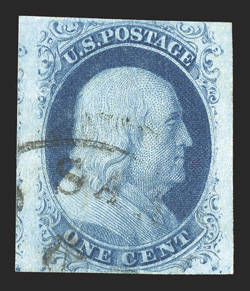 7, 1c Blue, Ty. II, Plate 3, handsome used example for this scarce plate, with luxuriant rich color and a deeply etched impression on fresh paper, ample to huge margins,
including portions of the adjacent stamp at left, light town cancel, very f