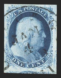 8, 1c Blue, Ty. III, position 67R4, a marvelous used example of this rare stamp, boasting remarkably large margins all around including portions of the adjoining stamps at
right and bottom, contributing further to this stamps exceptional overal