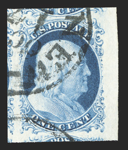 9, 1c Blue, Ty. IV, an absolutely stunning used example in a condition that could not be improved upon, as this gem features gigantic margins all around which incorporate
portions of the five adjoining stamps, as well as a large sheet margin at