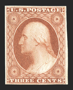 10A, 3c Orange brown, Ty. II, scarce mint single, ample to large margins all around, wonderfully rich color and a highly detailed impression, full original gum, relatively
lightly hinged, very fine 2008 PSE certificate.