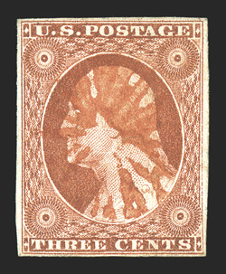 10A, 3c Orange brown, Ty. II, four full to ample margins, deep color, cancelled by socked-on-the-nose red circle of Vs postmark, very fine and attractive 2010 PF
certificate.