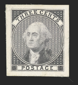 11-E5b, Bradbury, Wilkinson & Co. 3c Violet black essay on card, unusually large margins all around, rich color, tiny margin thin at top left, otherwise extremely fine and very
scarce 1992 PF certificate.