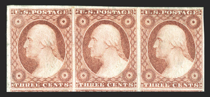 11A, 3c Brownish carmine, Ty. II, handsome horizontal strip of three, with large to mostly huge margins all around, including portions of the three adjacent stamps at bottom,
vivid rich color, certificate states traces of gum though small part