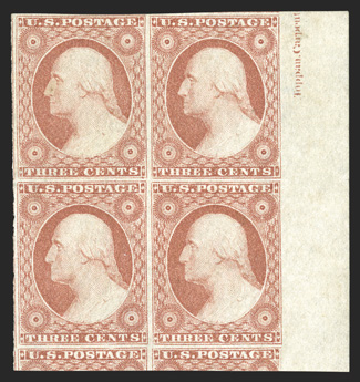 11A, 3c Dull red, Ty. II, striking unused right sheet-margin block of four showing part of the Toppan, Carpenter imprint, other margins ample to enormous at bottom, with
substantial portions of the adjoining stamps, bright and fresh, top pair wi