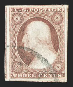 11A, 3c Claret, Ty. II, a fabulous used single, featuring extraordinarily large margins all around, strong color in the scarcer Claret shade, crisp detailed impression which
displays a pronounced double left frame line variety, unobtrusive cance