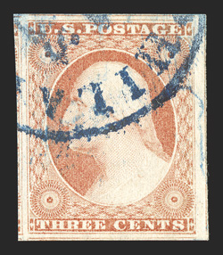 11A, 3c Rose red, type II, striking used single, with huge margins on all four sides, bright color in the Rose red shade, blue Philadelphia c.d.s., an extremely fine gem 2010
PSE certificate (Superb 98 Jumbo SMQ $450.00 for 98).