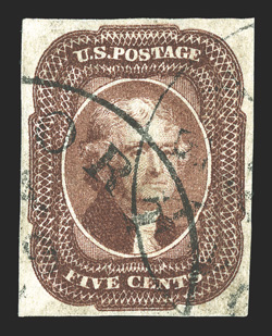 12, 5c Red brown, select used single, featuring strikingly intense color, large even margins all around, neat town cancels, extremely fine 1991 PF certificate.