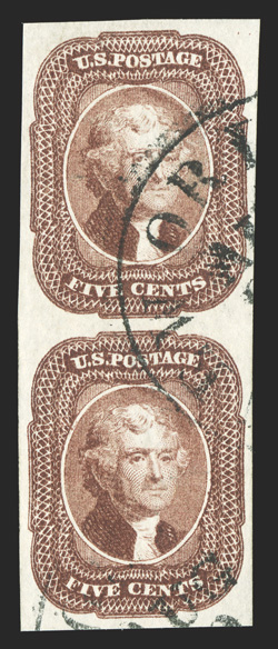 12, 5c Red brown, an exceedingly choice used vertical pair, with large balanced margins all around, rich bright color and a crisp detailed impression, light New Orleans c.d.s.
cancels, extremely fine and rare in this gem quality 2010 PSE certif