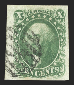 13, 10c Green, Ty. I, appealing used single, featuring four large to huge margins, deep rich color and a detailed impression, circular grid cancel, extremely fine 1994 PF
certificate.