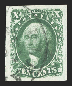 14, 10c Green, Ty. II, an outstanding used example that features exceedingly large and wonderfully balanced margins on all four sides, plus its color is incredibly deep and
intense, while its impression is prooflike on fresh crisp paper, light c