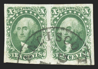 14, 10c Green, Ty. II, horizontal pair, large even margins all around, rich color, neat San Francisco c.d.s., right stamp with mild corner creases, extremely fine
appearance.