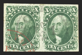 14, 10c Green, Ty. II, horizontal pair, positions 72-73L, large margins to clear at bottom right, light town cancel and the left stamp with a red New York exchange office
c.d.s. as well, fine-very fine 1987 PF certificate.