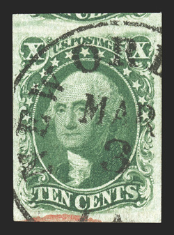 15, 10c Green, Ty. III, large margins to huge at top, including a portion of the adjacent stamp, luxuriant color on fresh white paper, New Orleans c.d.s. and a bit of a red
cancel as well, extremely fine 1985 PF certificate.