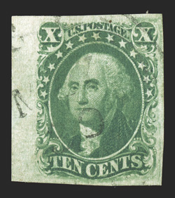 15, 10c Green, Ty. III, left sheet-margin single, other margins also large, rich color and a highly detailed impression, light town c.d.s., extremely fine 2010 PSE
certificate.