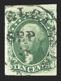 15, 10c Green, Ty. III, used, large to extra-large margins all around, strong rich color, neat c.d.s. cancel, extremely fine 1986 PF certificate.