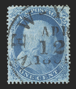 20, 1c Blue, Ty. II, position 63L12, select used example, exceedingly well centered and margined, strong rich color and a crisp impression, neat New York c.d.s., extremely fine
2000 and 2010 PF certificates.