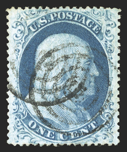 22, 1c Blue, Ty. IIIa, Plate 11, used, exceptionally well centered though reperforated at left, strong color, target cancels, extremely fine appearance clear 1990 PF
certificate and a 2010 PSE certificate.