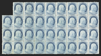 24, 1c Blue, Ty. V, an impressive unused block of 35 from Plate 8, including pos. 8R8 and 10R8 which show a double transfer at top, attractively centered throughout, fresh and
intact, one stamp at right with a mild crease and another with so