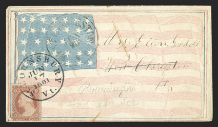 26, 3c Dull red, Ty. II, tied by St. Johnsbury, Vt.Jun 17, 1861 datestamp to all-over Union flag patriotic cover (Wolcott 2839) to West Charleston, Vt., forwarded to
Brownington, Vt. with West Charleston, Vt.Jun 20 postmark and pencil Fw