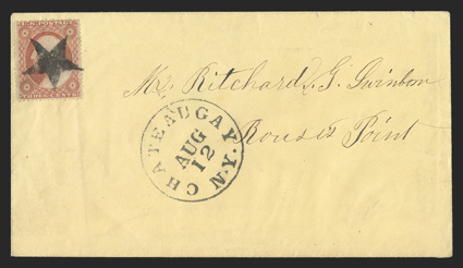 26, 3c Dull red, Ty. II, just tied by beautifully struck solid five-pont star fancy cancel to cover to Rouses Point, N.Y., matching Chateaugay N.Y.Aug 12 datestamp along side,
extremely fine 2010 PF certificate.