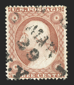 26A, 3c Dull red, Ty. IIa, premium used example of this terribly difficult stamp, which also happens to show a double transfer, far better centering within much large margins
than typically found, intense rich color as well, c.d.s. cancel, extre