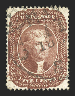 28, 5c Red brown, Ty. I, handsome used example, being especially well centered, lovely rich color and a sharp impression, lightly c.d.s. town cancel, extremely fine 2010 PSE
certificate (XF 90 SMQ $3,300.00).