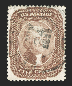 29, 5c Brown, Ty. I, an incredibly choice used example, featuring outstanding centering and margins for this, with its perforations completely clear of the design projections
all around (rarely encountered on this stamp), wonderfully rich color