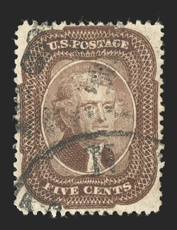 29, 5c Brown, Ty. I, uncommonly well centered, deep color, town cancel, extremely fine 2011 PSE certificate (VF-XF 85 SMQ $630.00).