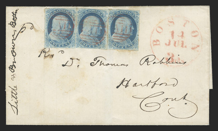 7, 1c Blue, Ty. II, positions 73R1E, 74R1E, 99R1E, three amply margined singles, each with bright early shades and fine impressions, neatly arranged and together to a small 1851
folded cover by three separate strikes very rare red small PAID