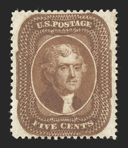 30, 5c Orange brown, Ty. II, exceptionally well centered and margined, deeply rich color and a sharp impression, o.g., lightly hinged, extremely fine 2008 PSE certificate (XF
90 OGph SMQ $3,500.00).