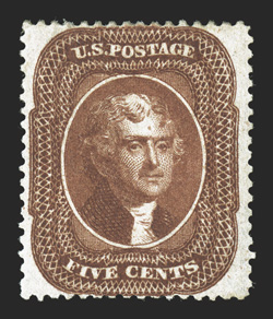 30, 5c Orange brown, Ty. II, exceptionally well centered within unusually wide margins, lovely rich color and a well incised impression, o.g., extremely fine a very scarce and
challenging stamp in this impressive quality 1989 and 2009 PF certi