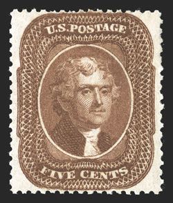 30, 5c Orange brown, Ty. II, nicely centered within wide margins, rich color, o.g., one added perf. and one tiny thinned perf., very fine appearance clear 1961 PF certificate
and a 2010 PF certificate.